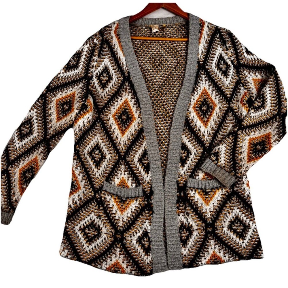 Roxy Open Front Cardigan Sweater Gray Orange Aztec Diamond Knit Women’s S